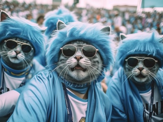 KI-erstelltes Bild von einheitlich gekleideten Fans mit Katzenköpfen